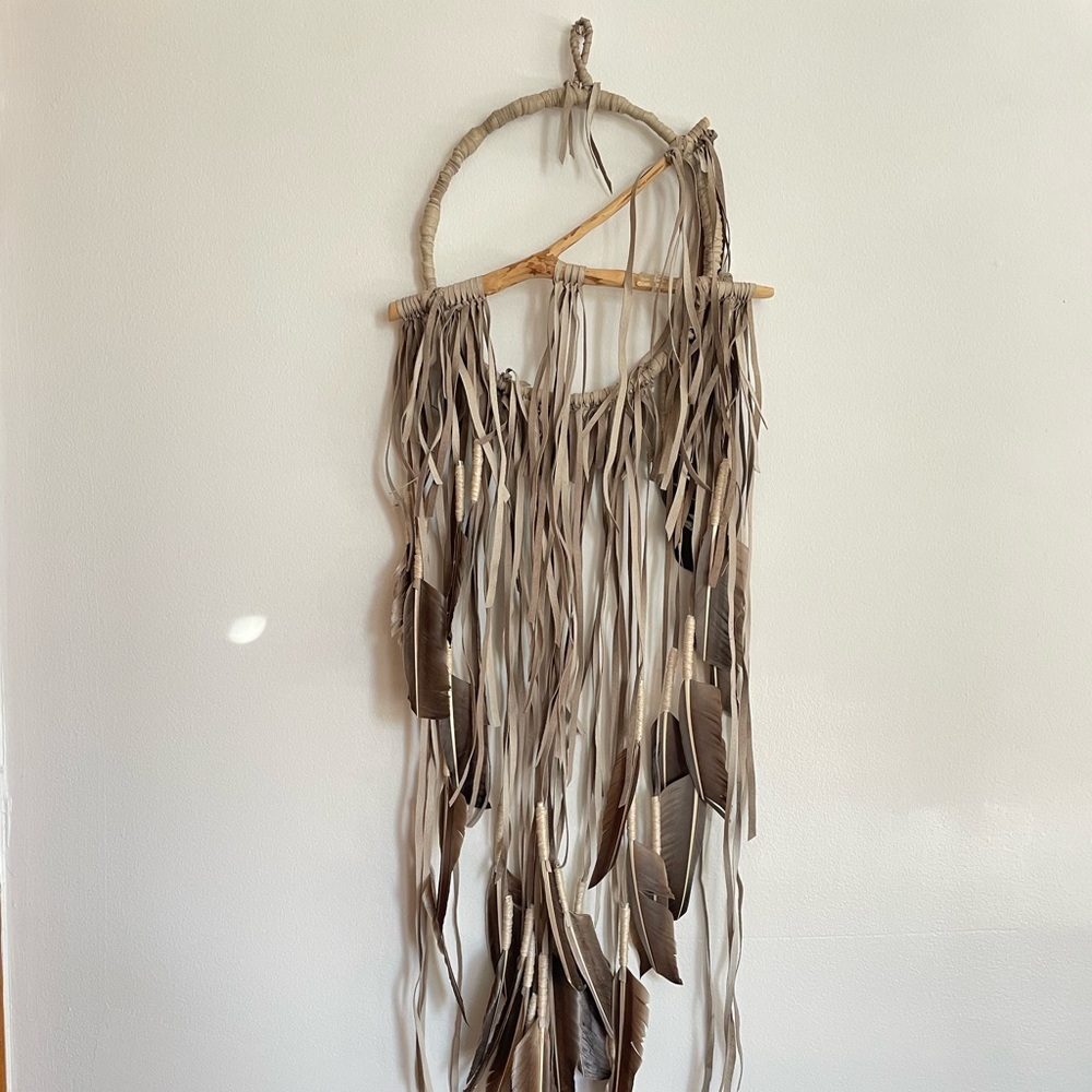 Boho dreamcatcher real leather and feathers and crystal - Large